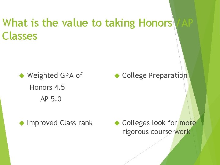What is the value to taking Honors /AP Classes Weighted GPA of College Preparation What is the value to taking Honors /AP Classes Weighted GPA of College Preparation