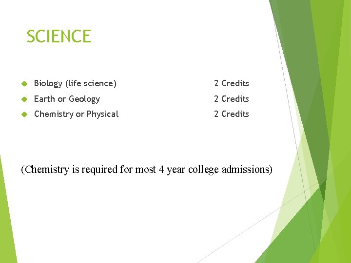 SCIENCE Biology (life science) 2 Credits Earth or Geology 2 Credits Chemistry or Physical SCIENCE Biology (life science) 2 Credits Earth or Geology 2 Credits Chemistry or Physical