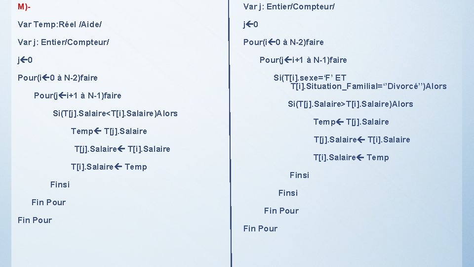 M)- Var j: Entier/Compteur/ Var Temp: Réel /Aide/ j 0 Var j: Entier/Compteur/ Pour(i