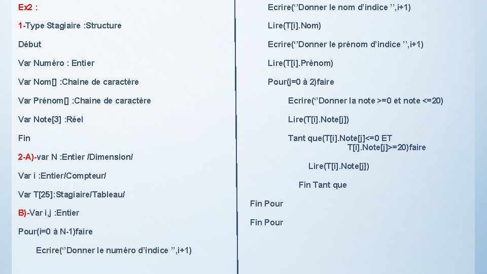 Ex 2 : Ecrire(‘’Donner le nom d’indice ’’, i+1) 1 -Type Stagiaire : Structure