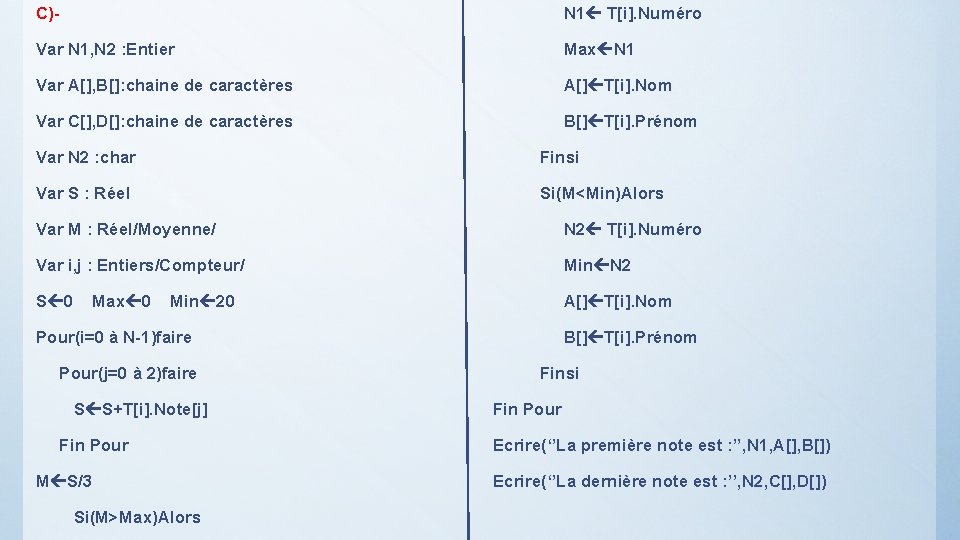 C)- N 1 T[i]. Numéro Var N 1, N 2 : Entier Max N