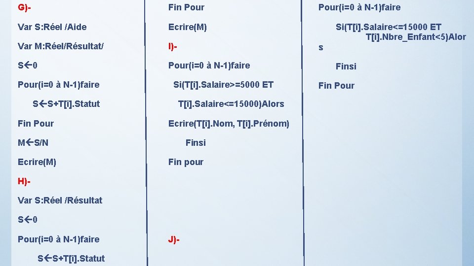 G)- Fin Pour Var S: Réel /Aide Ecrire(M) Var M: Réel/Résultat/ I)- S 0