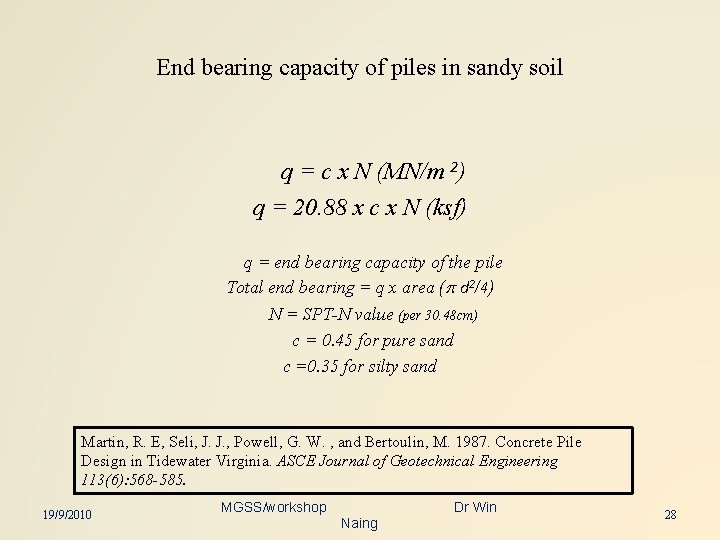 End bearing capacity of piles in sandy soil q = c x N (MN/m