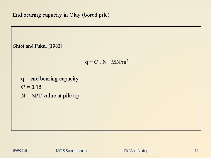 End bearing capacity in Clay (bored pile) Shioi and Fukui (1982) q = C.