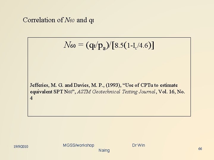 Correlation of N 60 and qt N 60 = (qt/pa)/[8. 5(1 -Ic/4. 6)] Jefferies,