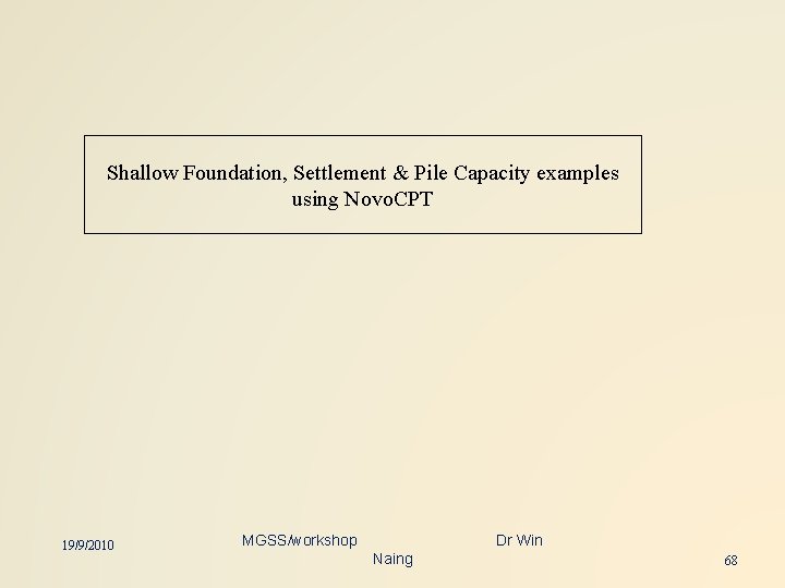 Shallow Foundation, Settlement & Pile Capacity examples using Novo. CPT 19/9/2010 MGSS/workshop Dr Win