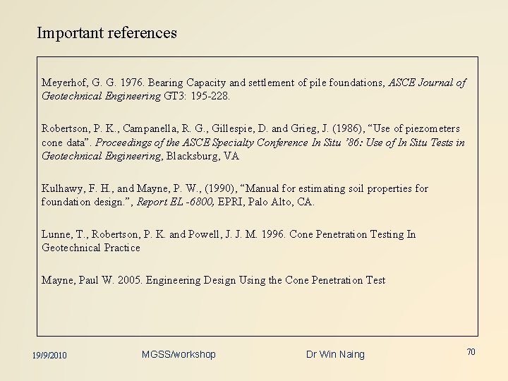 Important references Meyerhof, G. G. 1976. Bearing Capacity and settlement of pile foundations, ASCE