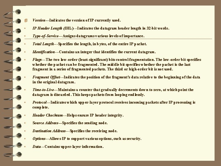 4 Version---Indicates the version of IP currently used. · IP Header Length (IHL)---Indicates the