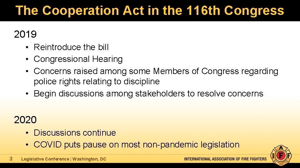 The Cooperation Act in the 116 th Congress 2019 • Reintroduce the bill •