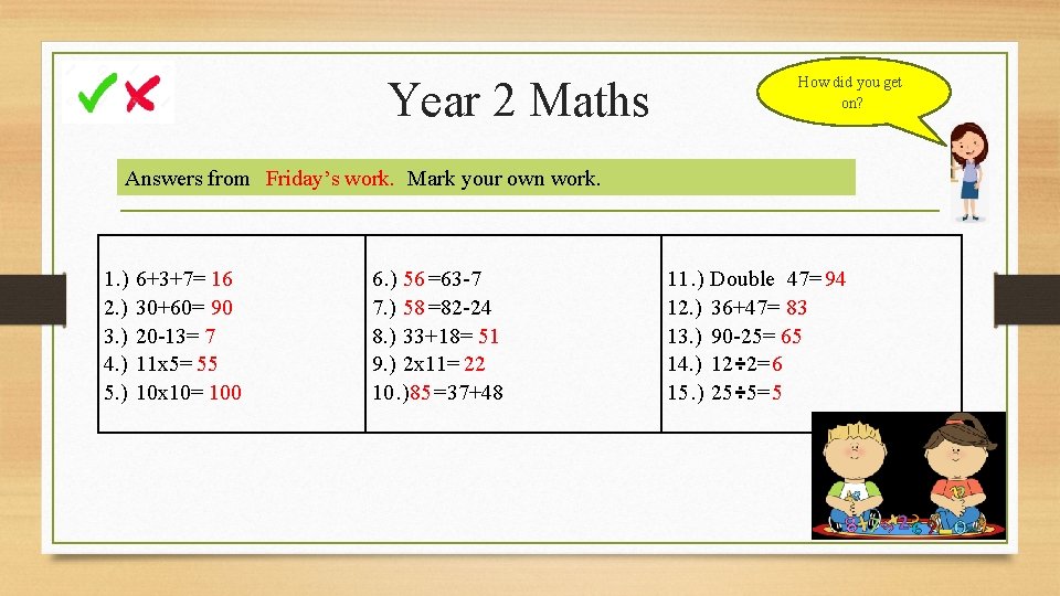 Year 2 Maths How did you get on? Mental Arithmetic answers for Friday 1