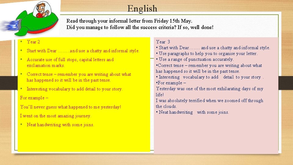 English Read through your informal letter from Friday 15 th May. Did you manage