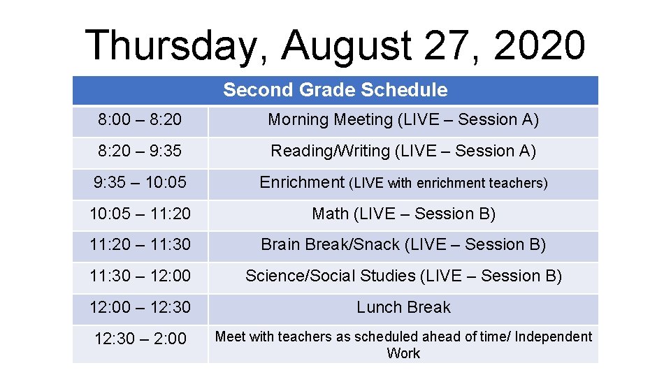 Thursday, August 27, 2020 Second Grade Schedule 8: 00 – 8: 20 Morning Meeting