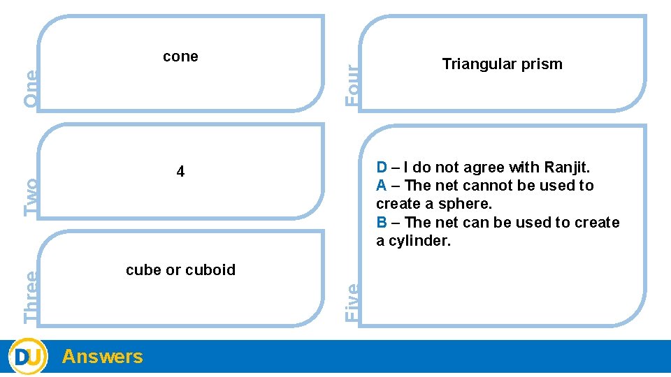 Five cube or cuboid Answers Triangular prism D – I do not agree with
