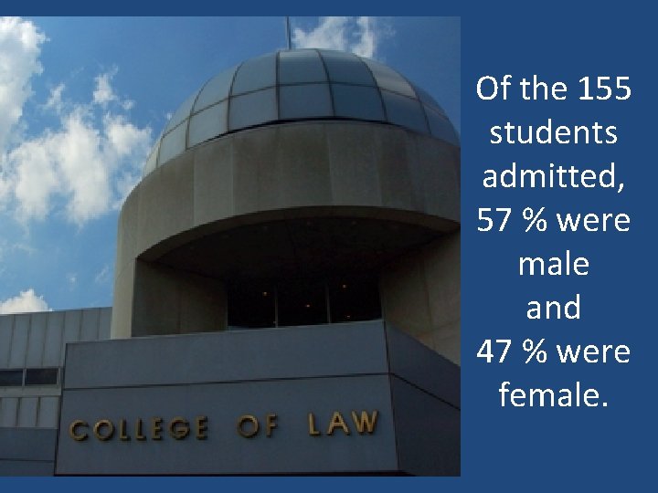 Of the 155 students admitted, 57 % were male and 47 % were female.