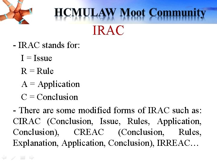 IRAC - IRAC stands for: I = Issue R = Rule A = Application IRAC - IRAC stands for: I = Issue R = Rule A = Application