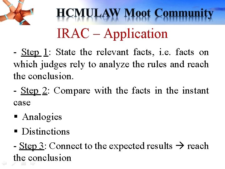 IRAC – Application - Step 1: State the relevant facts, i. e. facts on IRAC – Application - Step 1: State the relevant facts, i. e. facts on