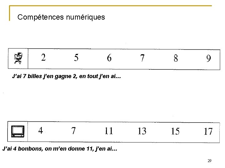 Compétences numériques J’ai 7 billes j’en gagne 2, en tout j’en ai… J’ai 4