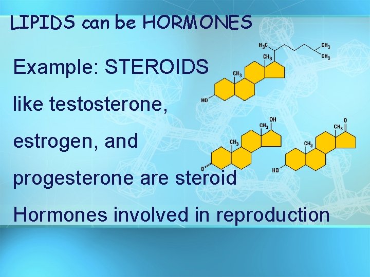 LIPIDS can be HORMONES Example: STEROIDS like testosterone, estrogen, and progesterone are steroid Hormones