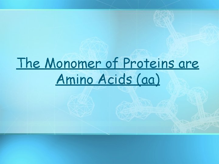 The Monomer of Proteins are Amino Acids (aa) 