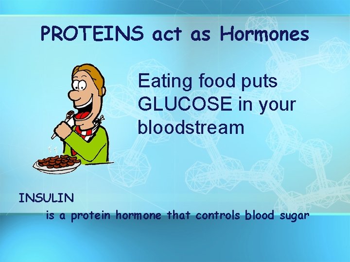 PROTEINS act as Hormones Eating food puts GLUCOSE in your bloodstream INSULIN is a