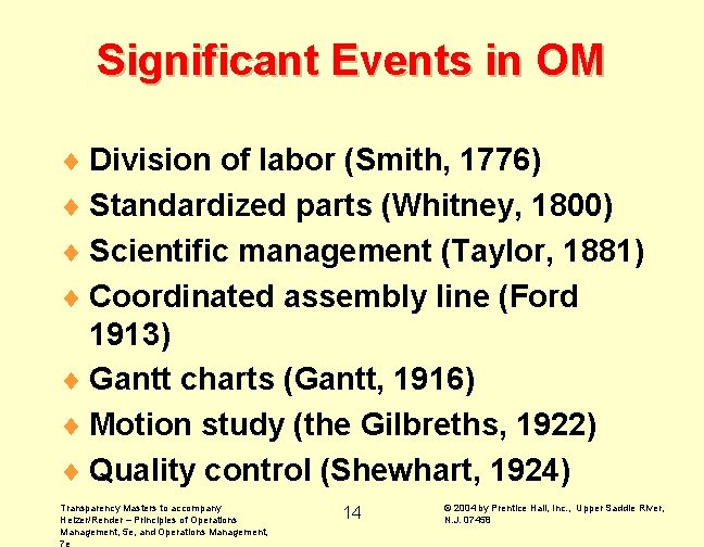 Significant Events in OM ¨ Division of labor (Smith, 1776) ¨ Standardized parts (Whitney,