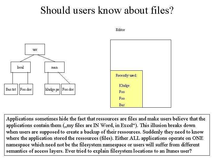 Should users know about files? Editor usr local man Recently used: Bar. txt Foo. Should users know about files? Editor usr local man Recently used: Bar. txt Foo.