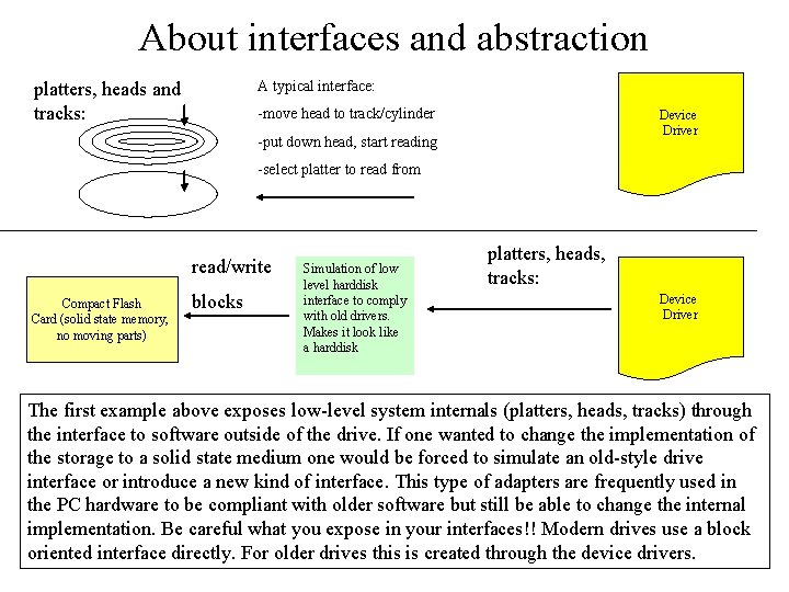 About interfaces and abstraction A typical interface: platters, heads and tracks: -move head to About interfaces and abstraction A typical interface: platters, heads and tracks: -move head to