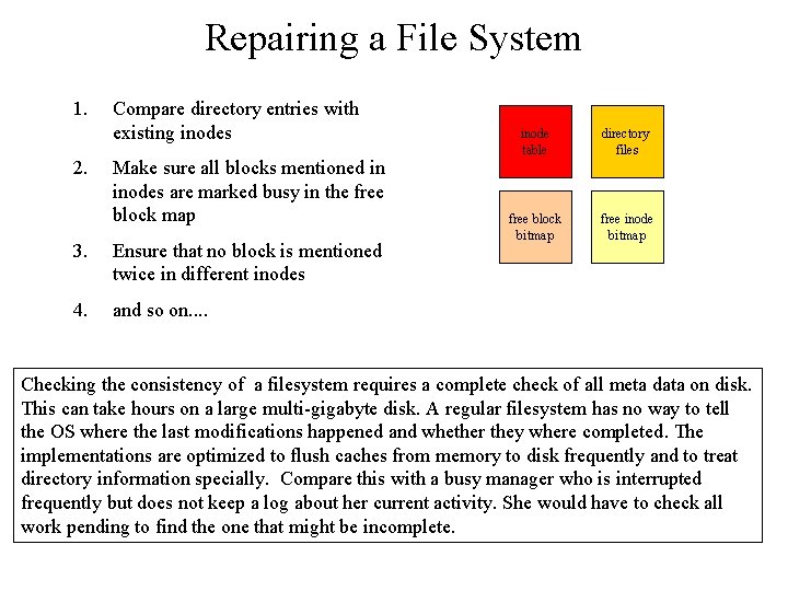 Repairing a File System 1. 2. Compare directory entries with existing inodes Make sure Repairing a File System 1. 2. Compare directory entries with existing inodes Make sure