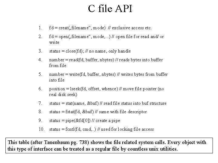 C file API 1. fd = creat(„filename“, mode) // exclusive access etc. 2. fd C file API 1. fd = creat(„filename“, mode) // exclusive access etc. 2. fd