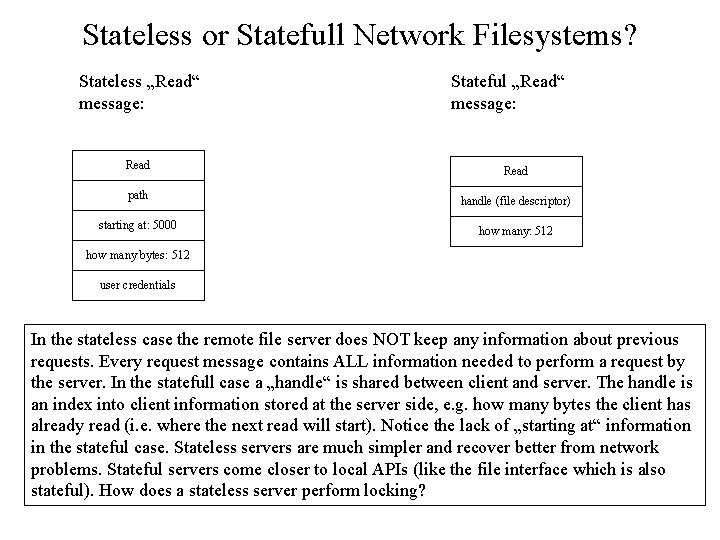 Stateless or Statefull Network Filesystems? Stateless „Read“ message: Stateful „Read“ message: Read path handle Stateless or Statefull Network Filesystems? Stateless „Read“ message: Stateful „Read“ message: Read path handle