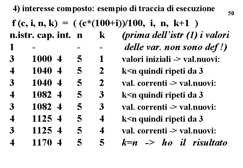 4) interesse composto: esempio di traccia di esecuzione 50 f (c, i, n, k)