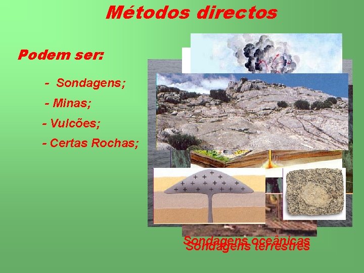 Métodos directos Podem ser: - Sondagens; - Minas; - Vulcões; - Certas Rochas; Tarolos