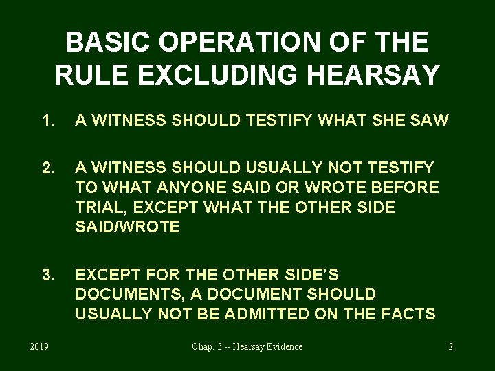 BASIC OPERATION OF THE RULE EXCLUDING HEARSAY 1. A WITNESS SHOULD TESTIFY WHAT SHE