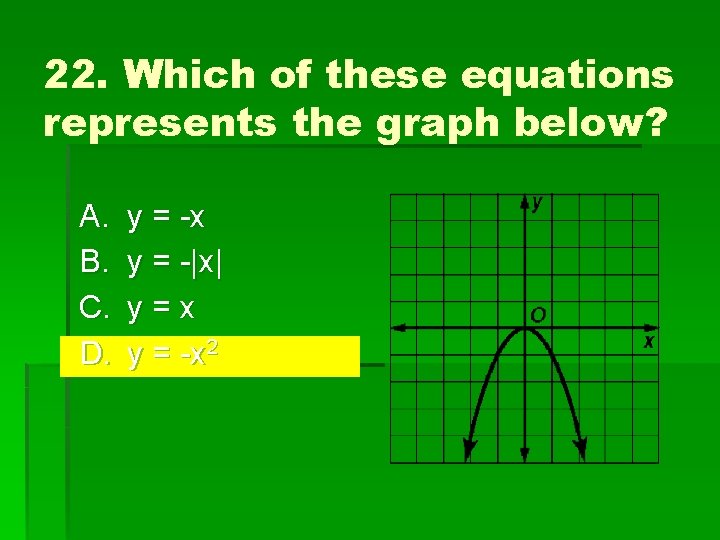 22. Which of these equations represents the graph below? A. B. C. D. y