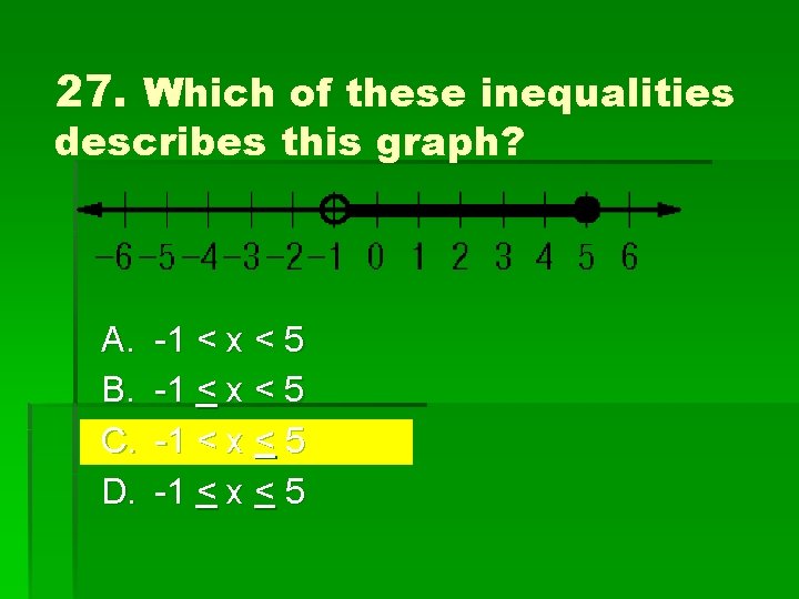 27. Which of these inequalities describes this graph? A. B. C. D. -1 <