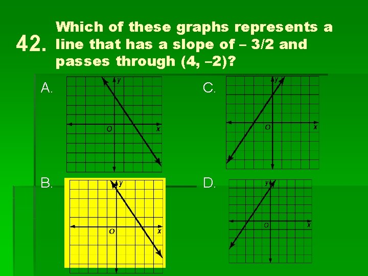 42. Which of these graphs represents a line that has a slope of –