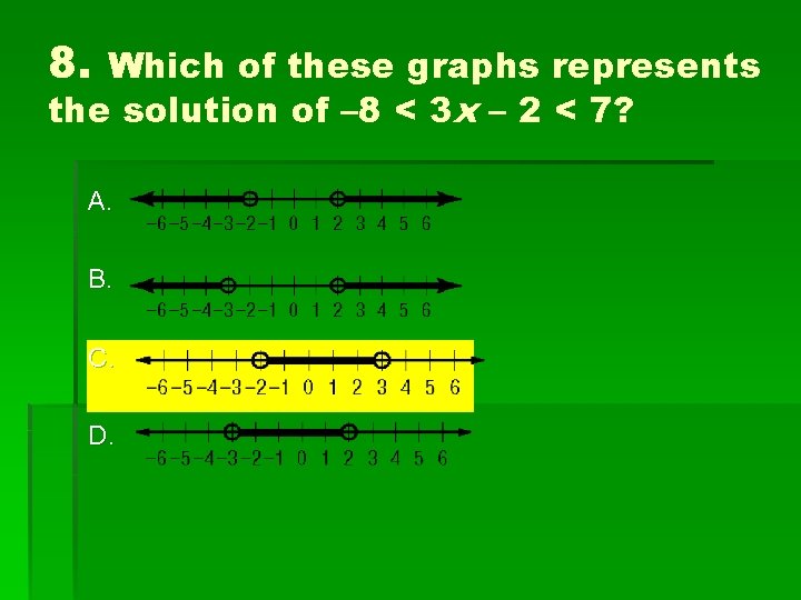 8. Which of these graphs represents the solution of – 8 < 3 x