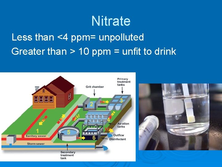Nitrate Less than <4 ppm= unpolluted Greater than > 10 ppm = unfit to