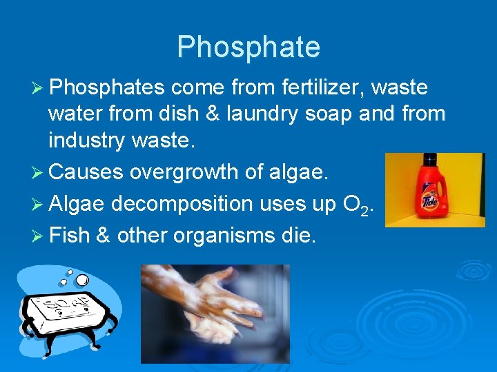 Phosphate Ø Phosphates come from fertilizer, waste water from dish & laundry soap and