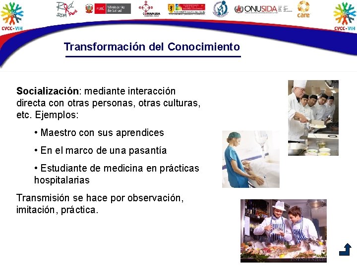 Transformación del Conocimiento Socialización: Socialización mediante interacción directa con otras personas, otras culturas, etc.