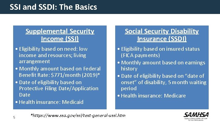 SSI and SSDI: The Basics Supplemental Security Income (SSI) • Eligibility based on need: