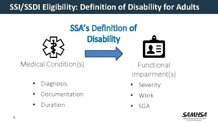 SSI/SSDI Eligibility: Definition of Disability for Adults SSA’s Definition of Disability Medical Condition(s) 6