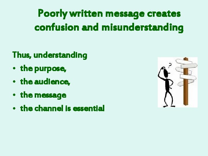 Poorly written message creates confusion and misunderstanding Thus, understanding • the purpose, • the