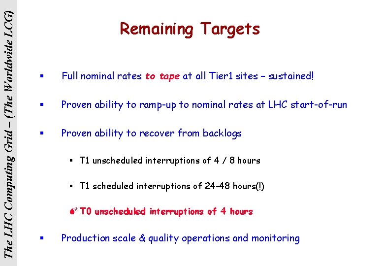 The LHC Computing Grid – (The Worldwide LCG) Remaining Targets § Full nominal rates