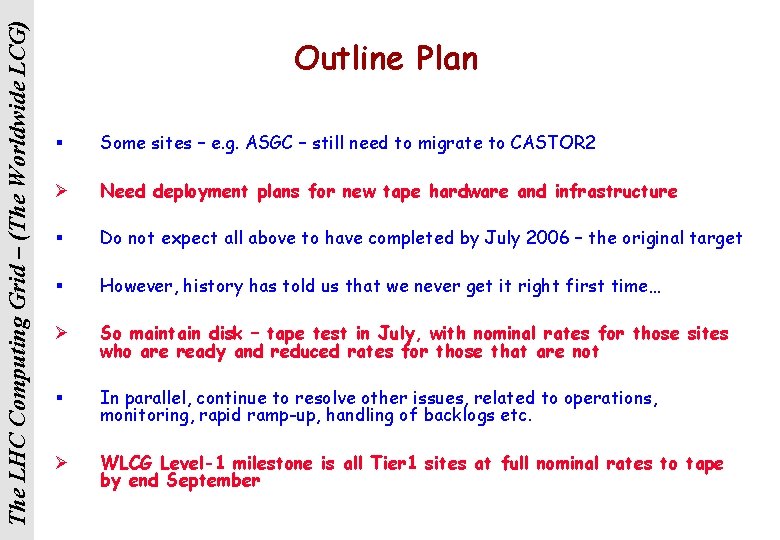 The LHC Computing Grid – (The Worldwide LCG) Outline Plan § Some sites –