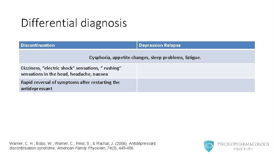 Differential diagnosis Discontinuation Depression Relapse Dysphoria, appetite changes, sleep problems, fatigue. Dizziness, “electric shock”