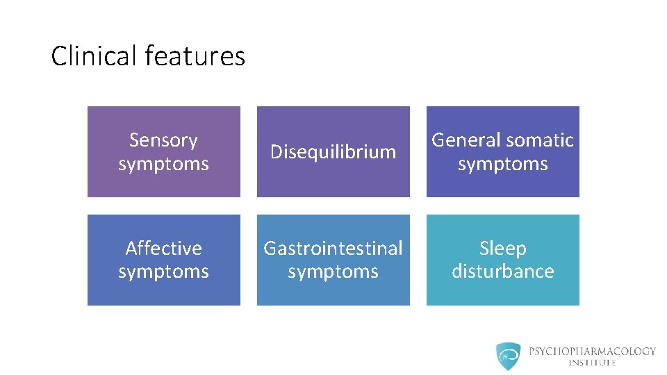 Clinical features Sensory symptoms Disequilibrium General somatic symptoms Affective symptoms Gastrointestinal symptoms Sleep disturbance
