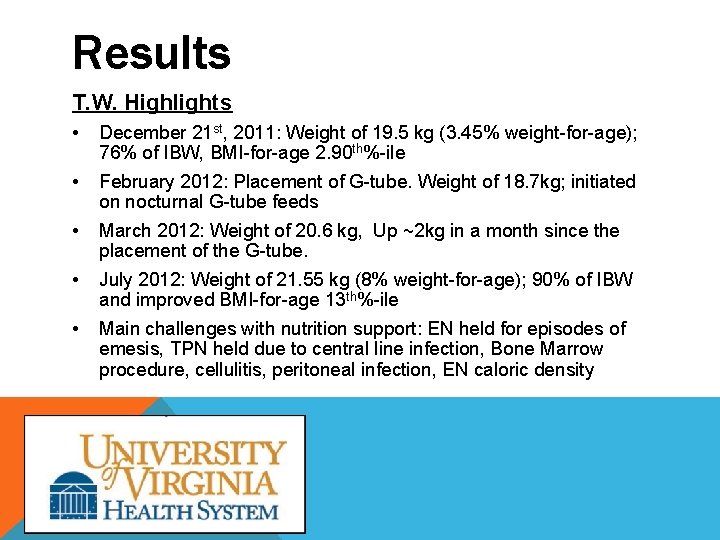 Results T. W. Highlights • December 21 st, 2011: Weight of 19. 5 kg