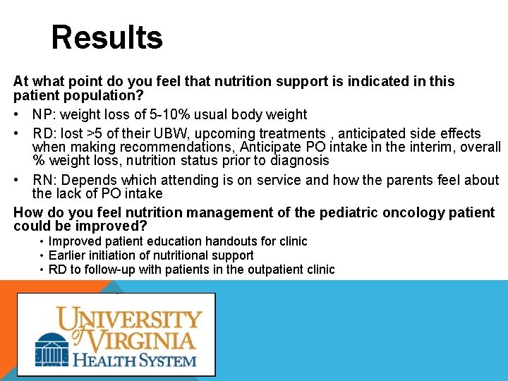 Results At what point do you feel that nutrition support is indicated in this