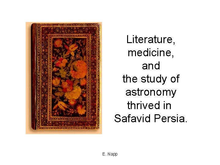 Literature, medicine, and the study of astronomy thrived in Safavid Persia. E. Napp 